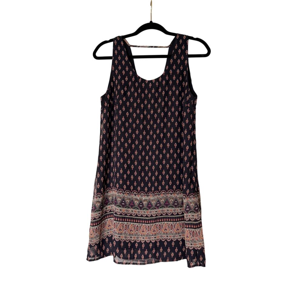 JustFab Women’s Small Navy Boho Paisley Border Print Sleeveless Shift Dress